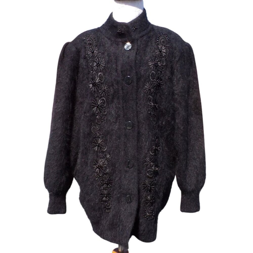 Lee Sands Black Cardigan XL (est) Angora blend Embroidered Old Money Mob Wife
